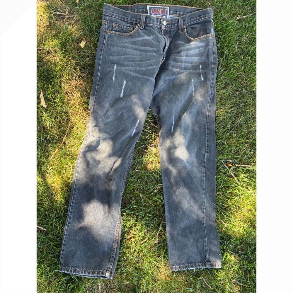 Levis 514 Straight Fit Jeans Mens 38x32 Black Faded Distressed Denim Pants